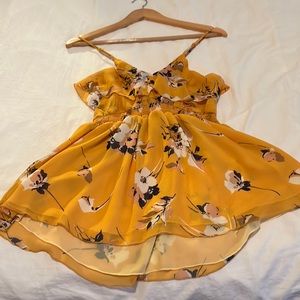 YELLOW FLORAL RUFFLE TANK TOP WITH CRISS CROSS BACK